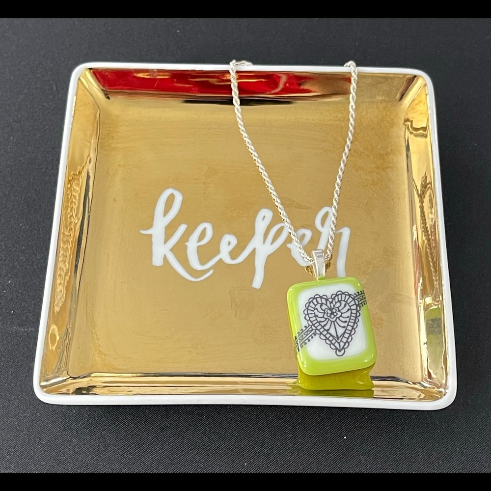 Fused Glass Pendant with Heart Image Lime/Black 💚🖤